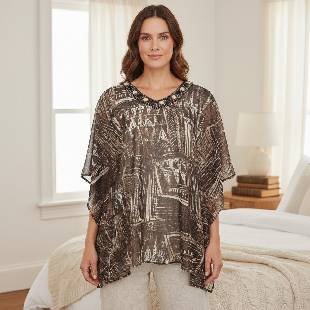 Chicos Beaded V Neck Sheer Poncho Top Brown Tribal Print Boho Caftan Womens L/XL